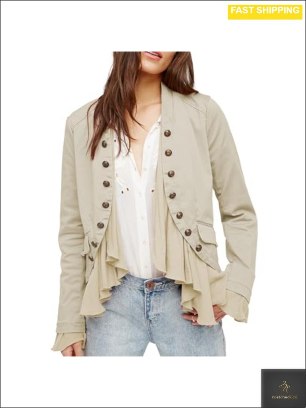Women Cotton Spandex Ruffled Blazer High Low Hem Button Up Steampunk Jacket